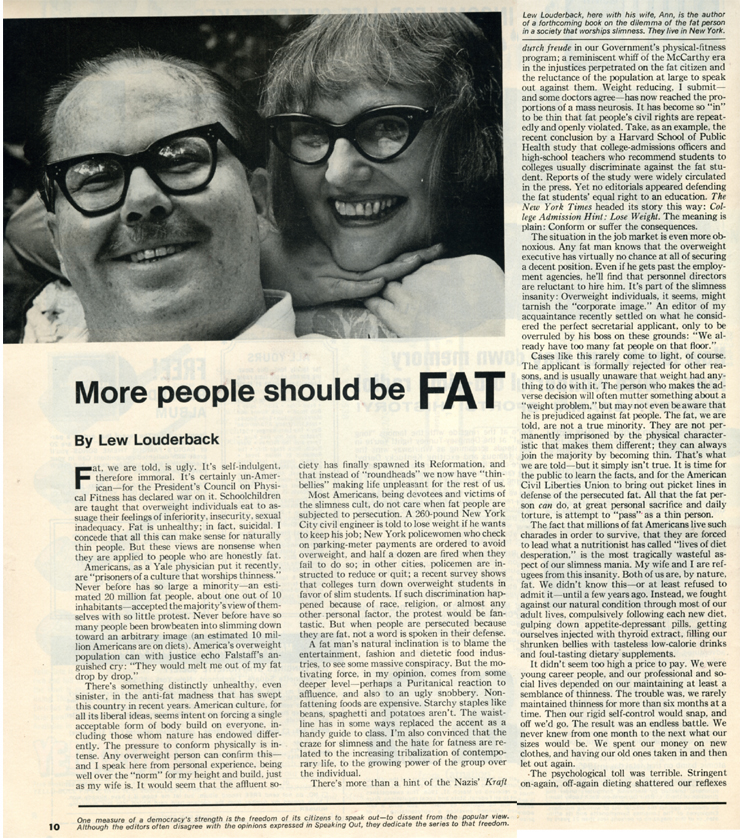 "More People Should be Fat", un article de Llewellyn Louderback publié en 1967 dans The Saturday Evening Post. 