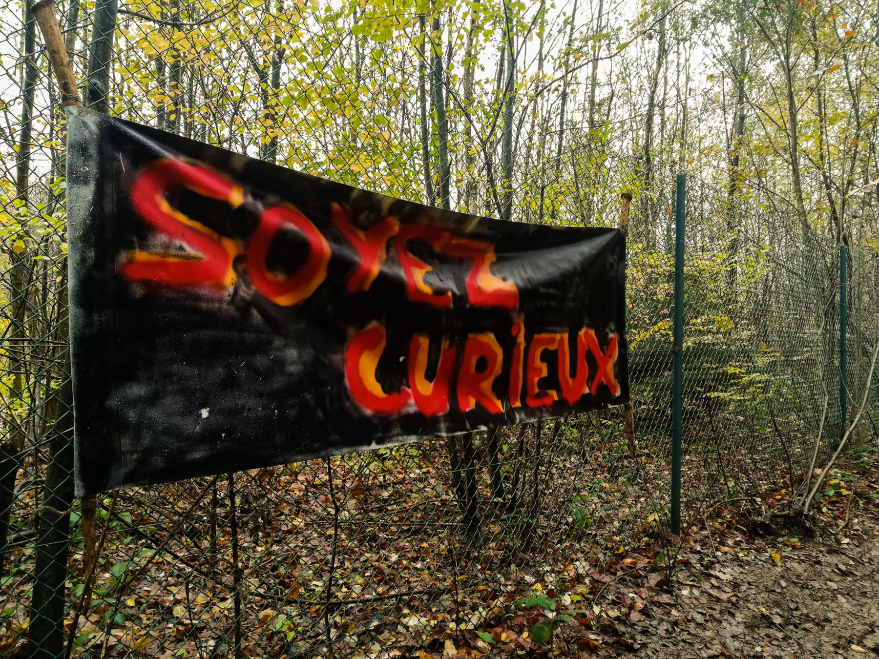 La banderole "Soyez curieux" nous guide vers le camp