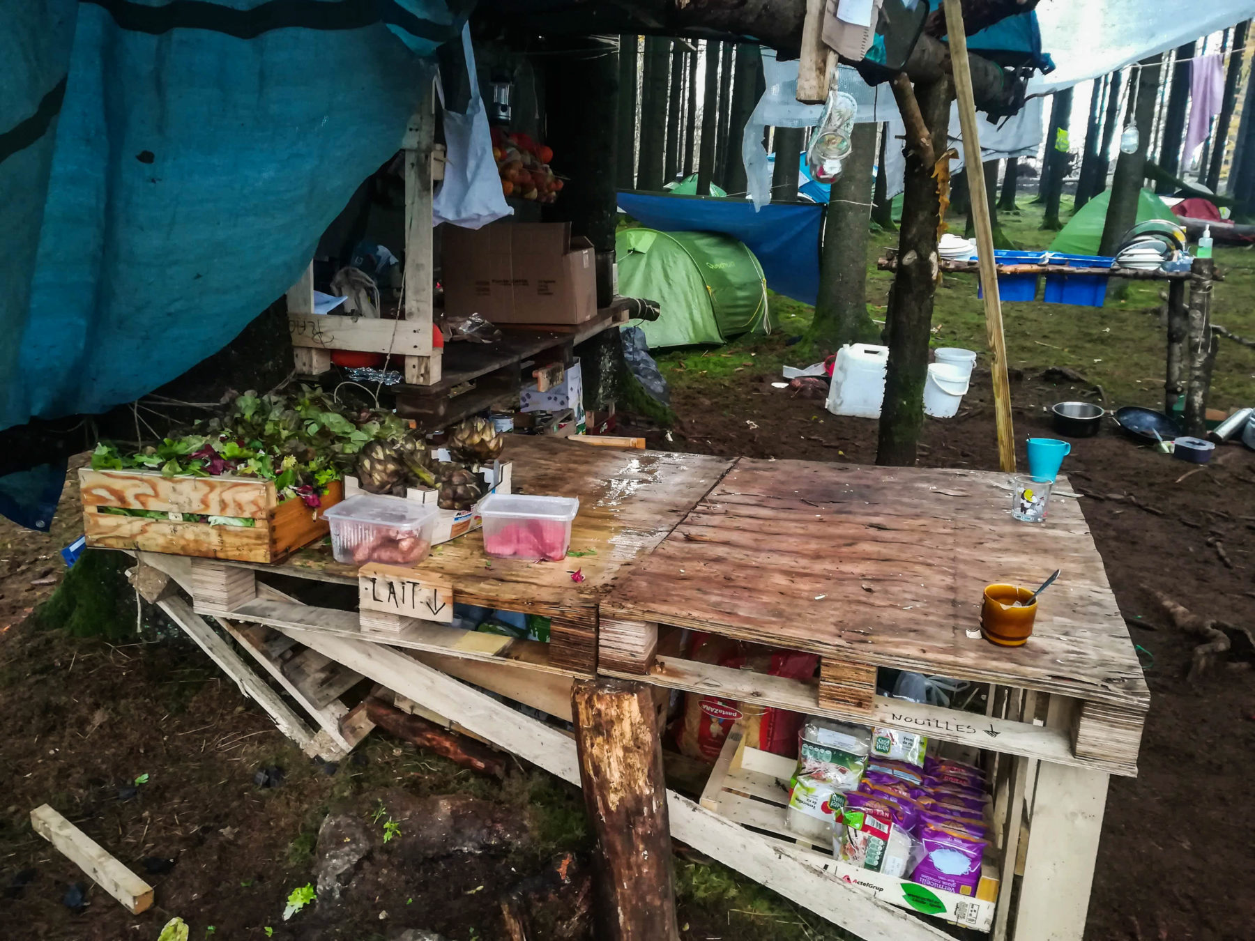 La cuisine est composée de palette et de bout de bois ficelés.