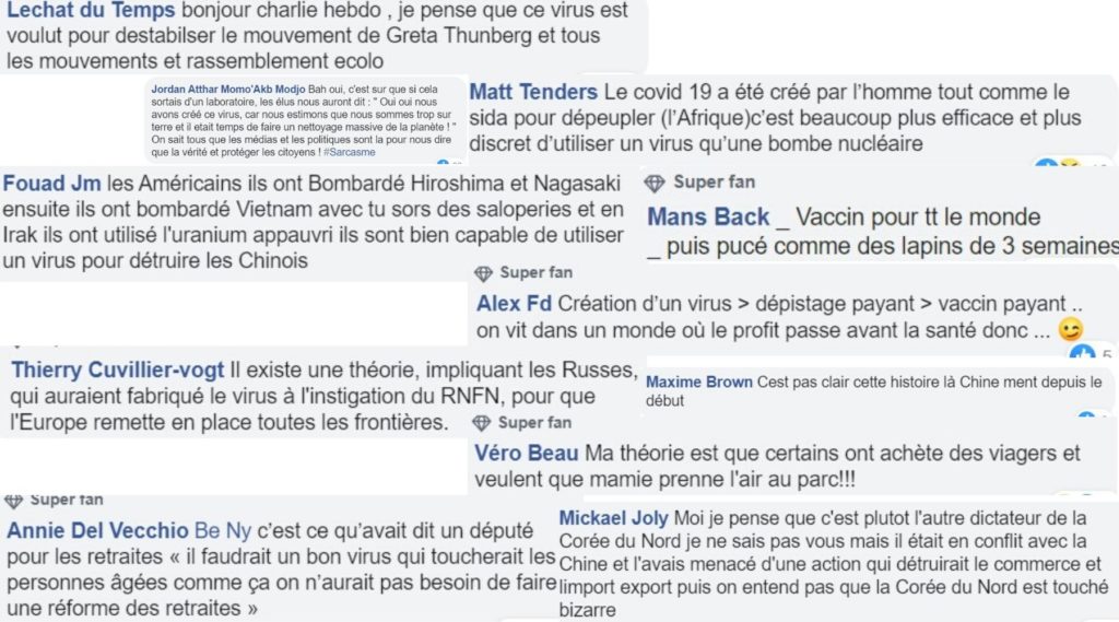 Assemblage de commentaires sur les théories du complot liées au coronavirus sur les réseau sociaux