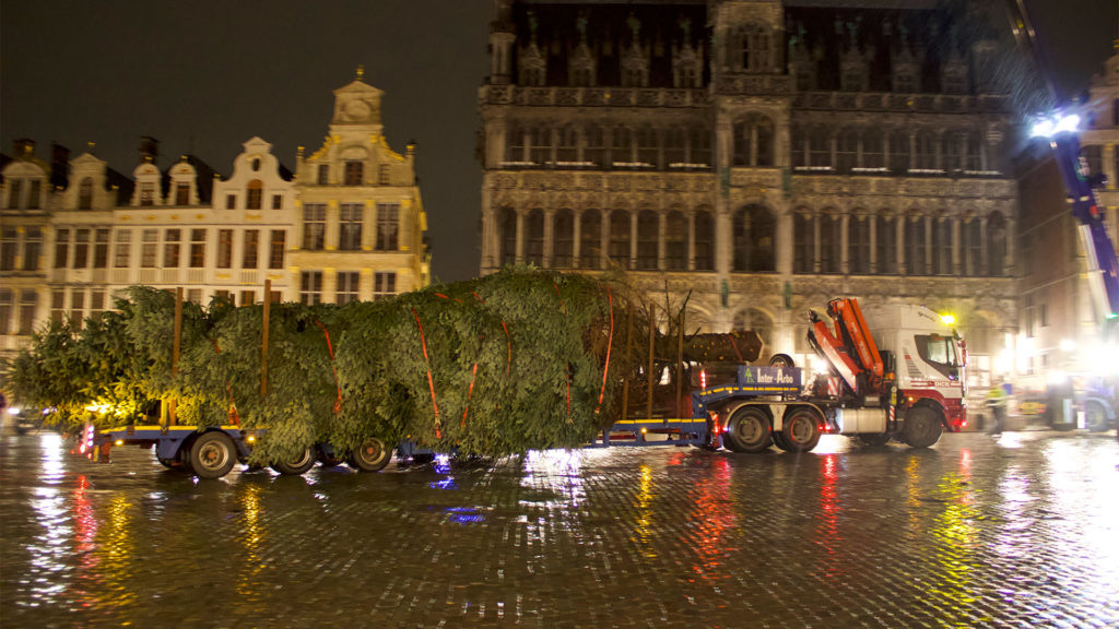 Un camion transportant un sapin sur la Grand-Place de Bruxelles