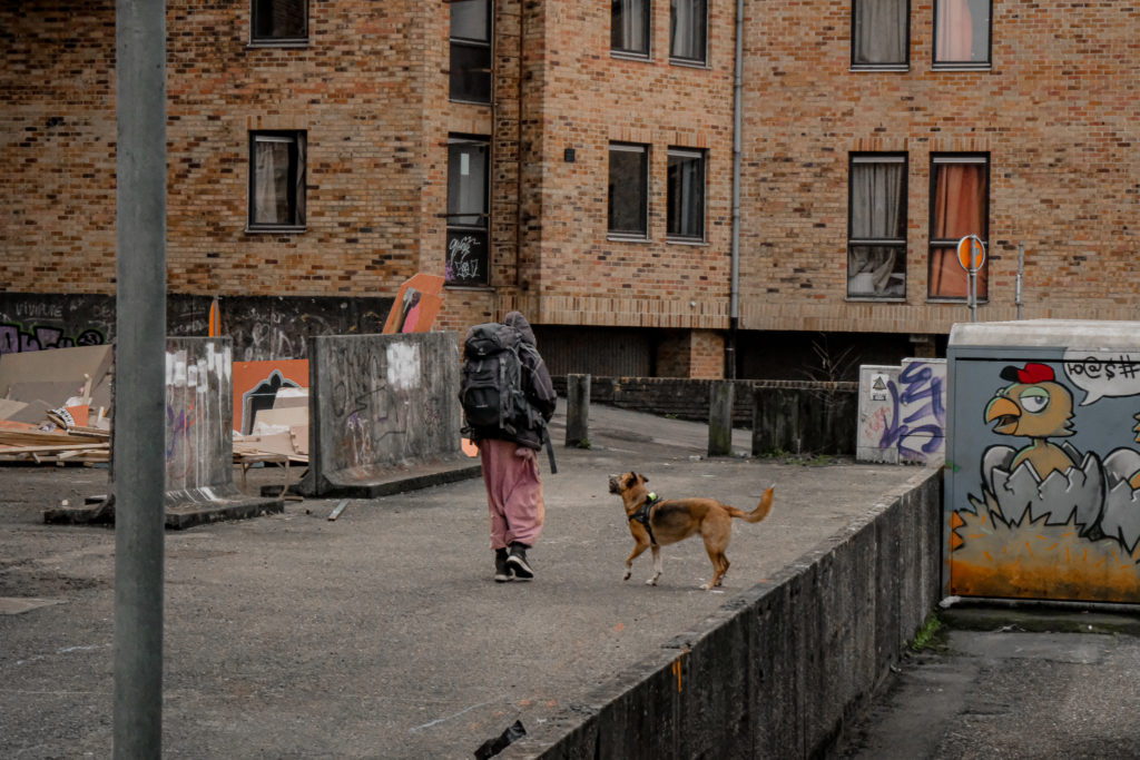 Eric va chercher son lieu pour la nuit avec son chien Yanouchka